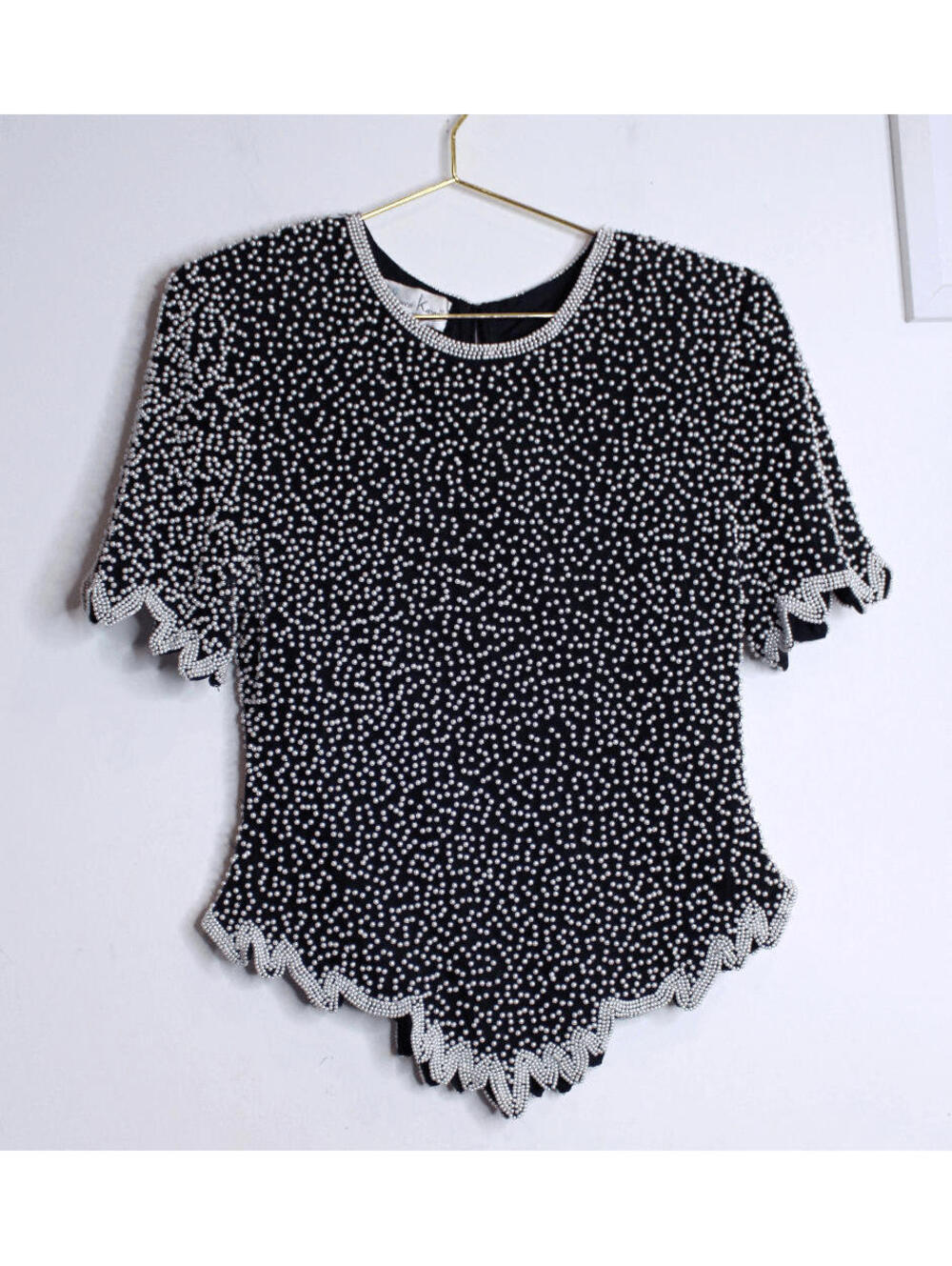 VTG Black with Cream Pearls Silk Formal Blouse - Medium